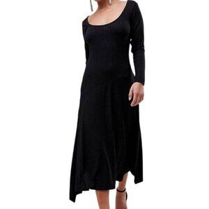 ASOS Black Maxi Dress Women's Size 6 Asymmetrical Tiered Long Sleeve Scoop Neck